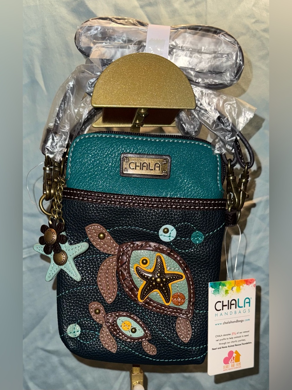 Chala Teal, Brown, & Black Turtle Crossbody Phone Pouch with Starfish Charm
